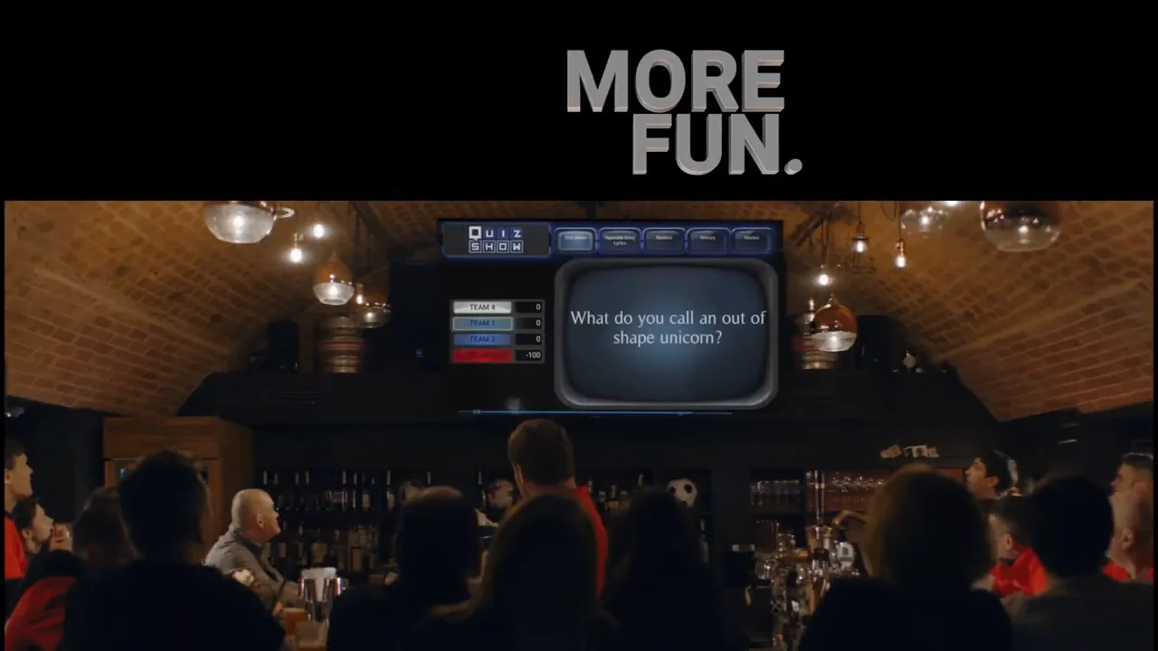A lively quiz night scene in a bar, with patrons enjoying the game as a trivia question appears on a screen: "What do you call an out of shape unicorn?" The atmosphere is fun and engaging, with drinks and a cozy ambiance.
