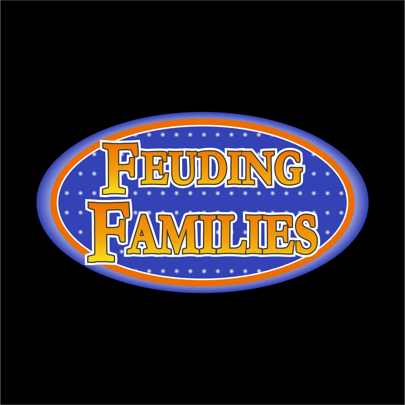 Logo of the game show "Feuding Families," featuring bold, colorful text on a blue background with white polka dots, emphasizing a fun and competitive family rivalry theme.