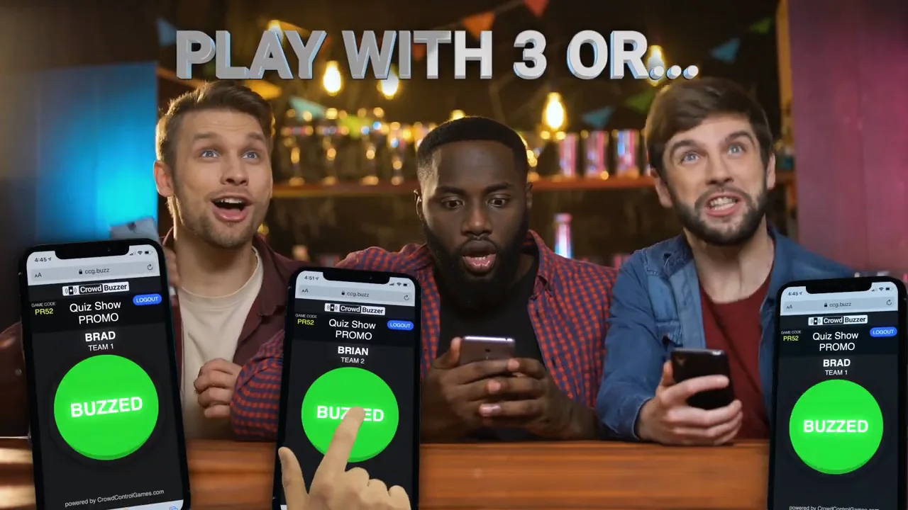 Three excited friends playing a quiz game on their smartphones, displaying the "BUZZED" button on each screen, set in a lively bar atmosphere. The image promotes interactive group gameplay with the Crowd Control app.